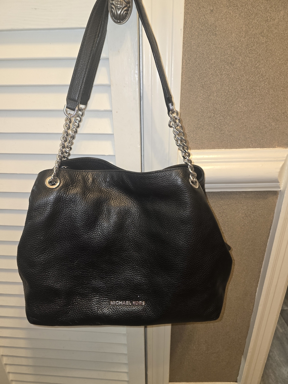 Michael Kors Black Pebbled Leather Shoulder Bag with Silver Chain Straps